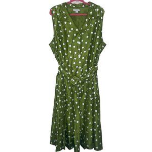 Dressbarn Midi Dress Woman 24W Green Polka Dot Sleeveless Button-Up Flare Skirt